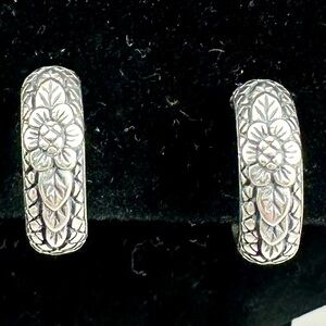 STEPHEN DWECK Sterling Silver CrissCross Braid Etch Floral Hoop Clip-On Earrings